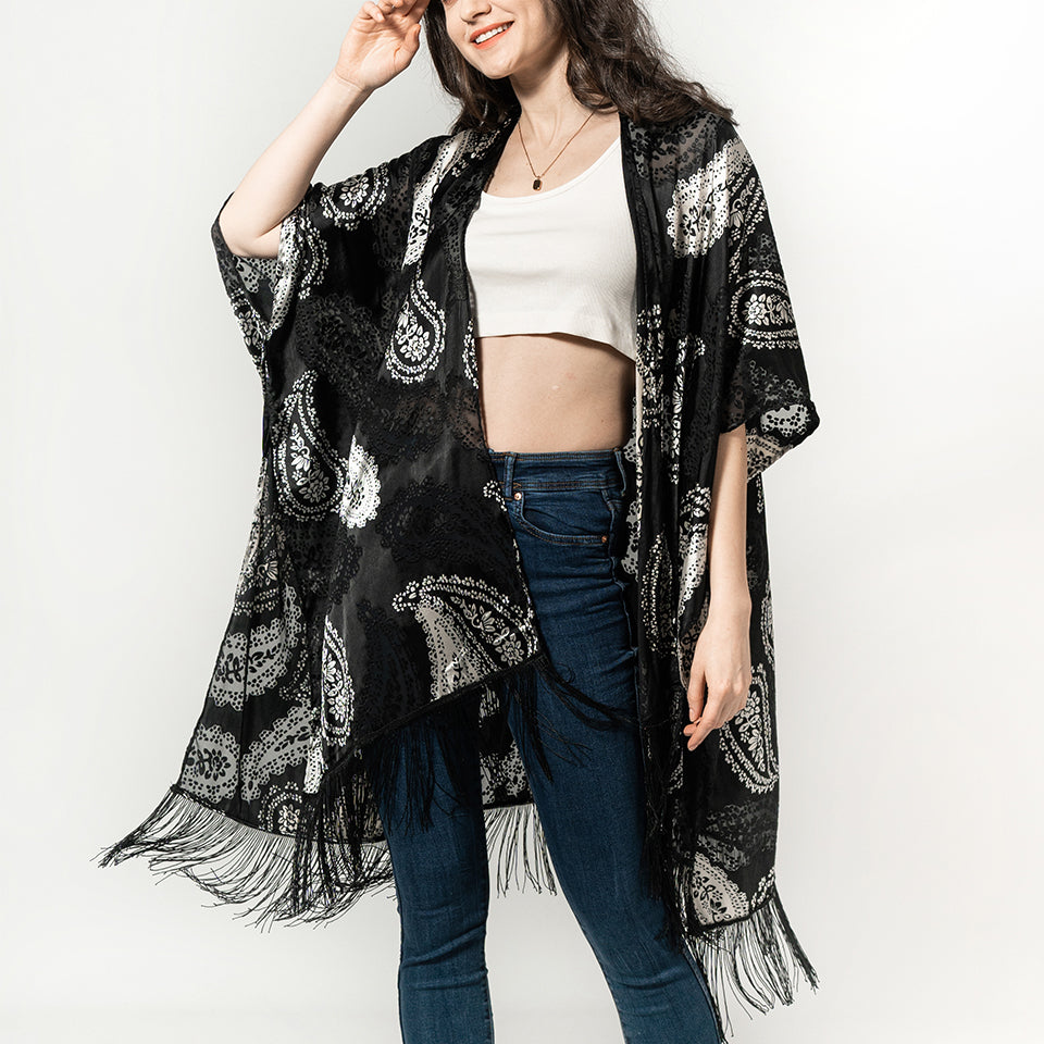 USHOWHEY long cardigan velvet floral kimono swimsuit cover up bohemian style clothing