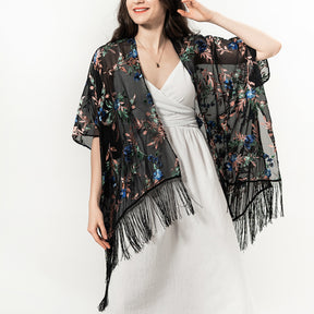 USHOWHEY velvet print burnout kimono cardigan tassel bathing suit cover ups