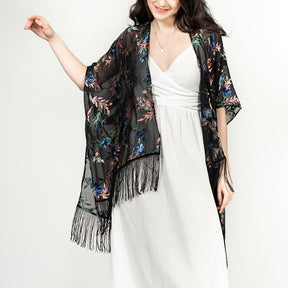 USHOWHEY velvet print burnout kimono cardigan tassel bathing suit cover ups