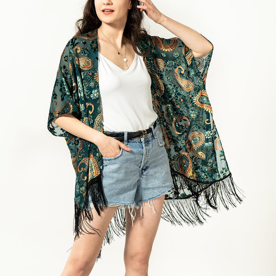 USHOWHEY velvet kimono cardigan shawl wrap bathing suit cover ups