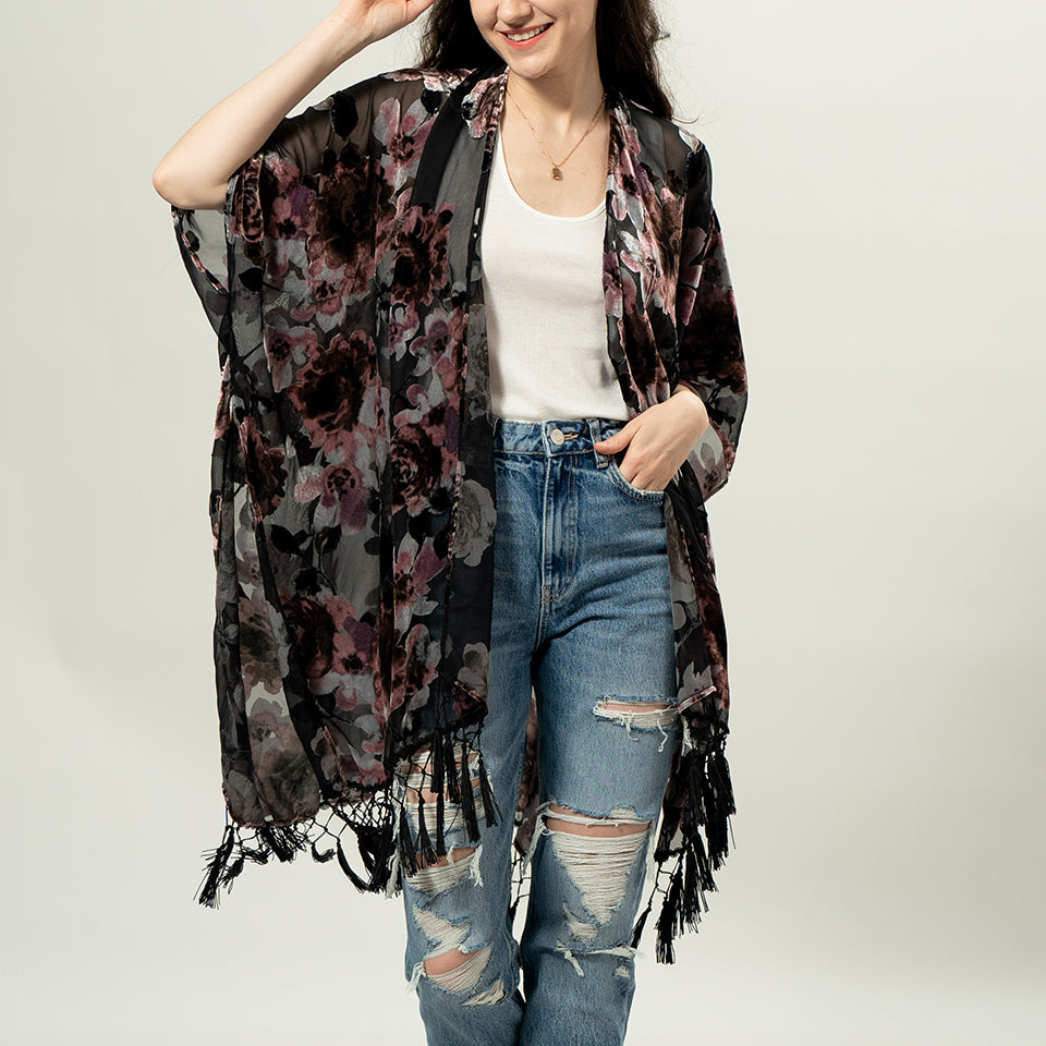 USHOWHEY Women's Burnout Velvet Kimono Long Cardigan Cover Up with Tassel