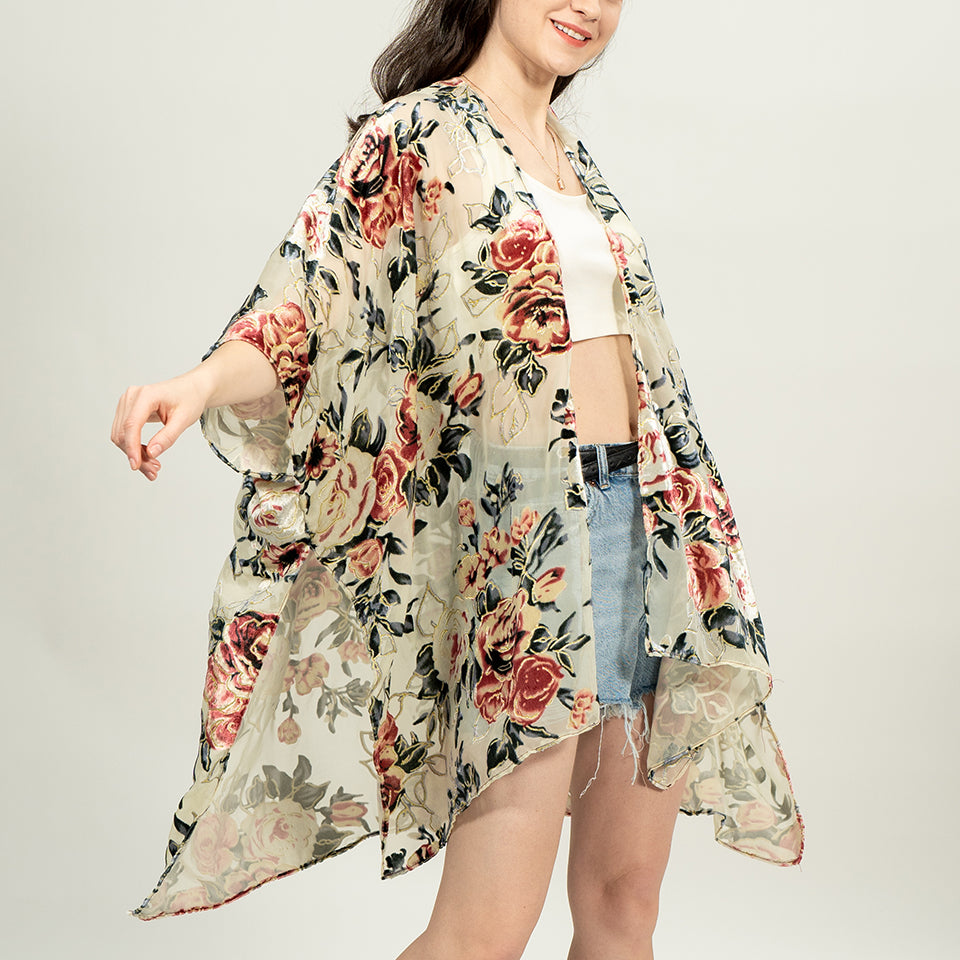 USHOWHEY long cardigan velvet floral kimono sexy bathing suit cover ups