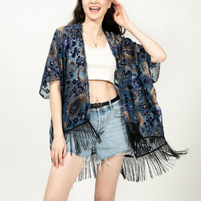 USHOWHEY shawl wrap cardigan velvet beach kimono tassel bikini cover up