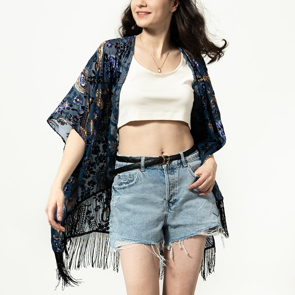 USHOWHEY shawl wrap cardigan velvet beach kimono tassel bikini cover up