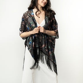 USHOWHEY velvet print burnout kimono cardigan tassel bathing suit cover ups