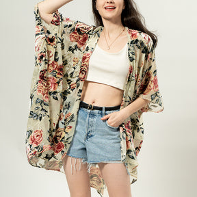 USHOWHEY long cardigan velvet floral kimono sexy bathing suit cover ups