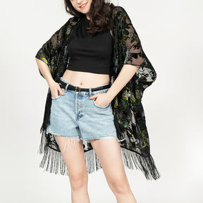 USHOWHEY velvet print burnout kimono cardigan tassel bathing suit cover ups