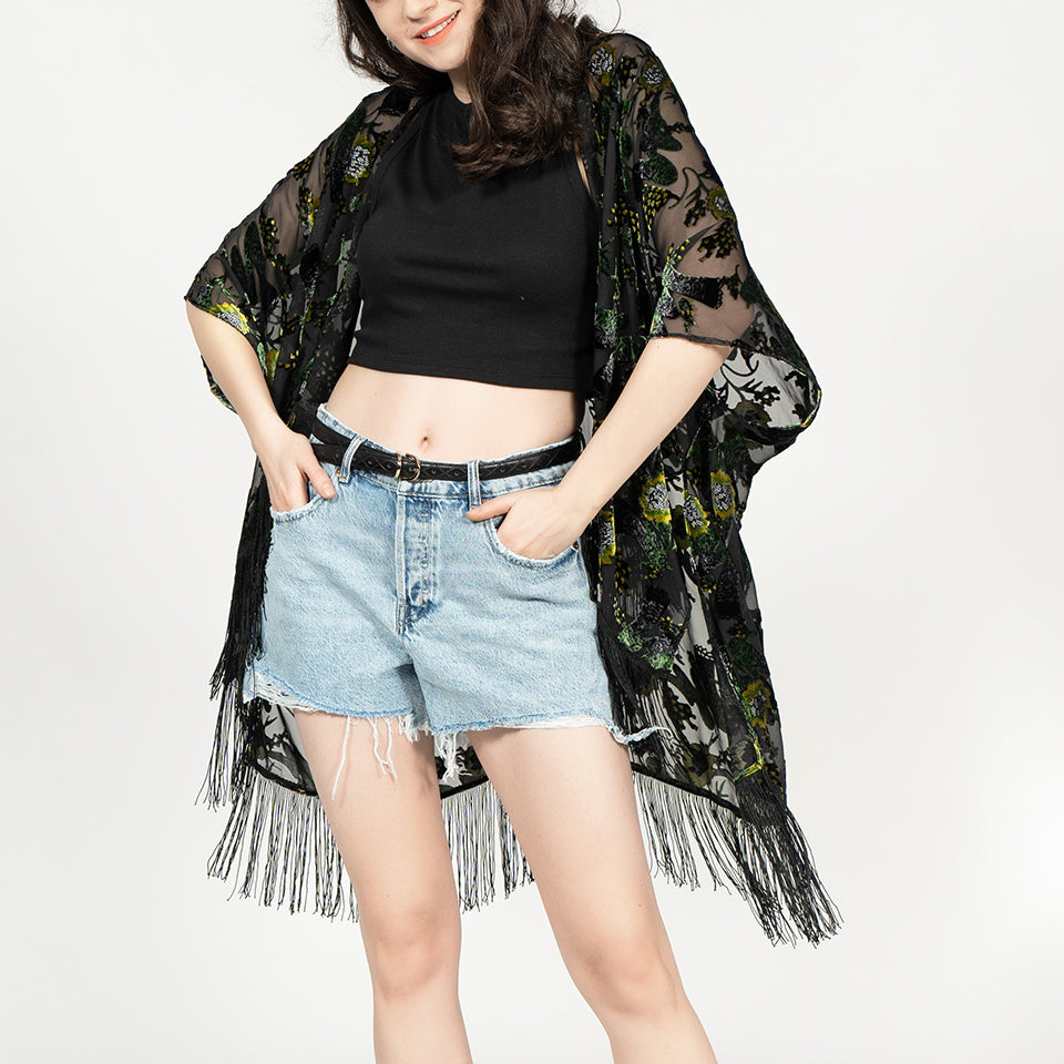 USHOWHEY velvet print burnout kimono cardigan tassel bathing suit cover ups