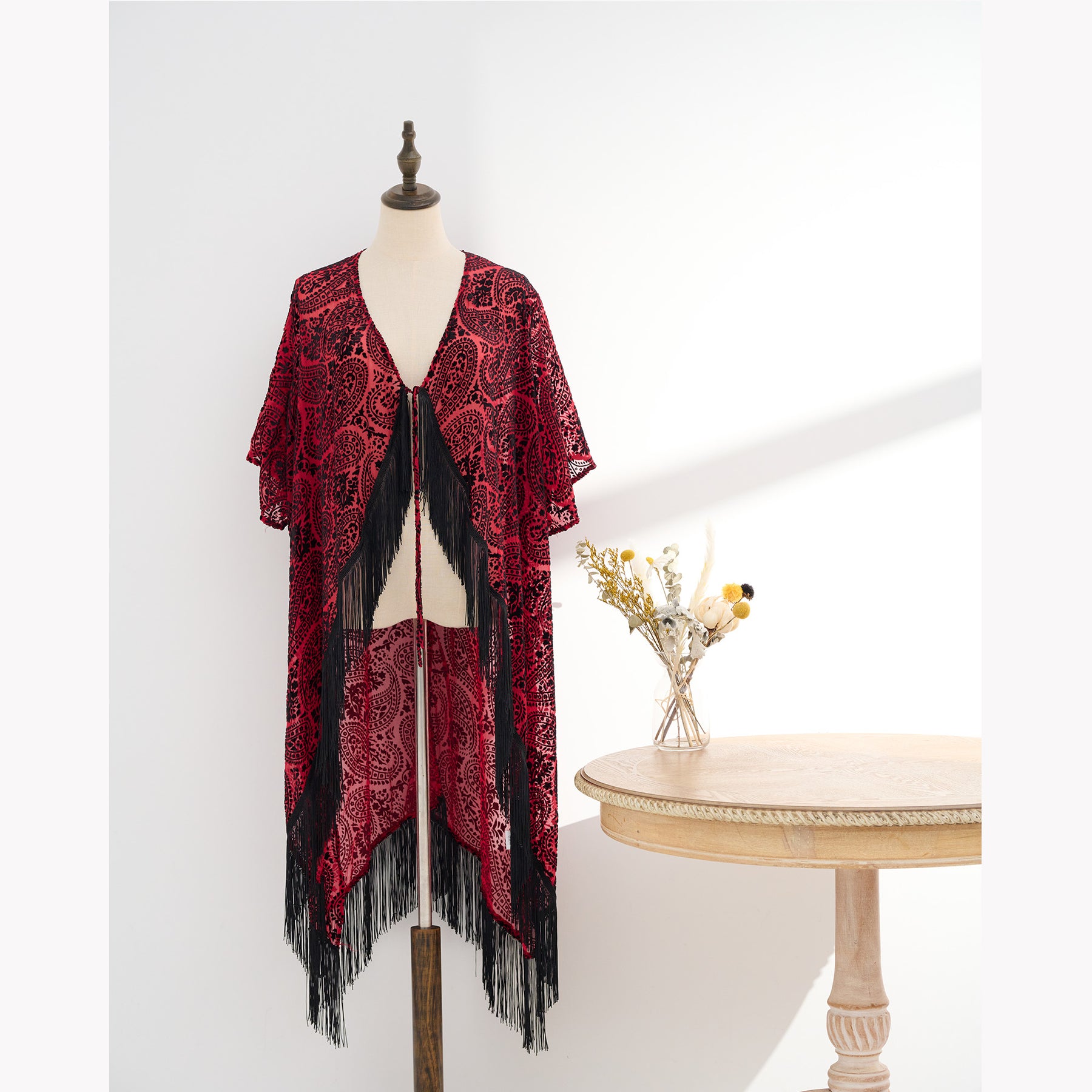 USHOWHEY long cardigan velvet floral kimono swimsuit cover up bohemian style clothing